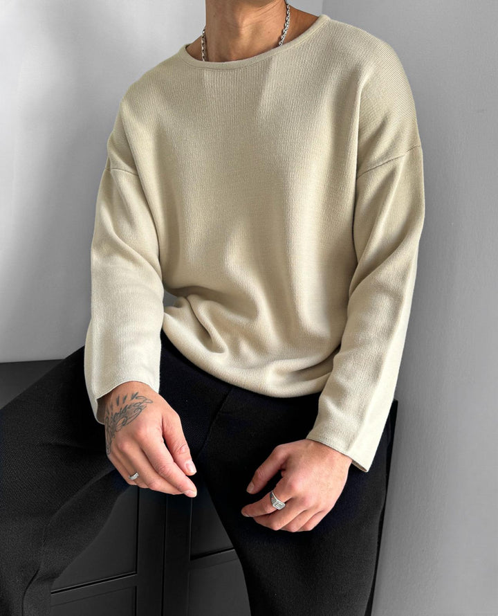 Lös Passform Stickad Tröja - Beige