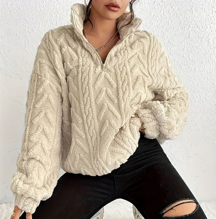 Dam Stickad Zip-Tröja med Kabelstickad Textur