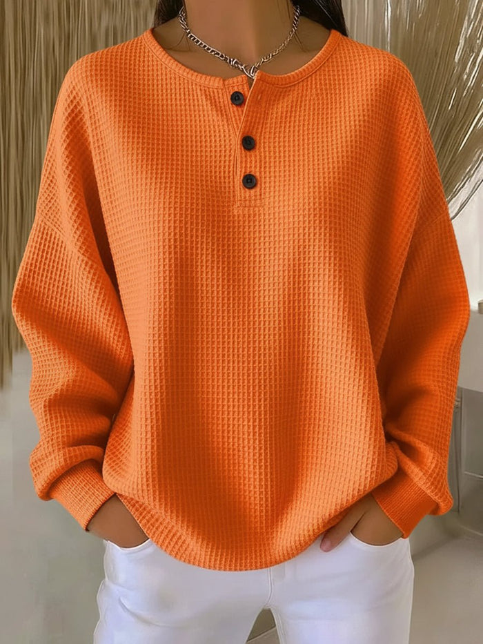 Dam Vaffelstickad Henley Tröja med Lång Ärm