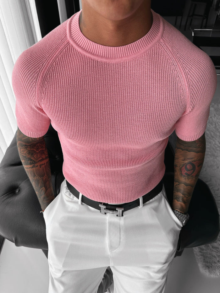 Slim Fit Stickad T-shirt - Puder