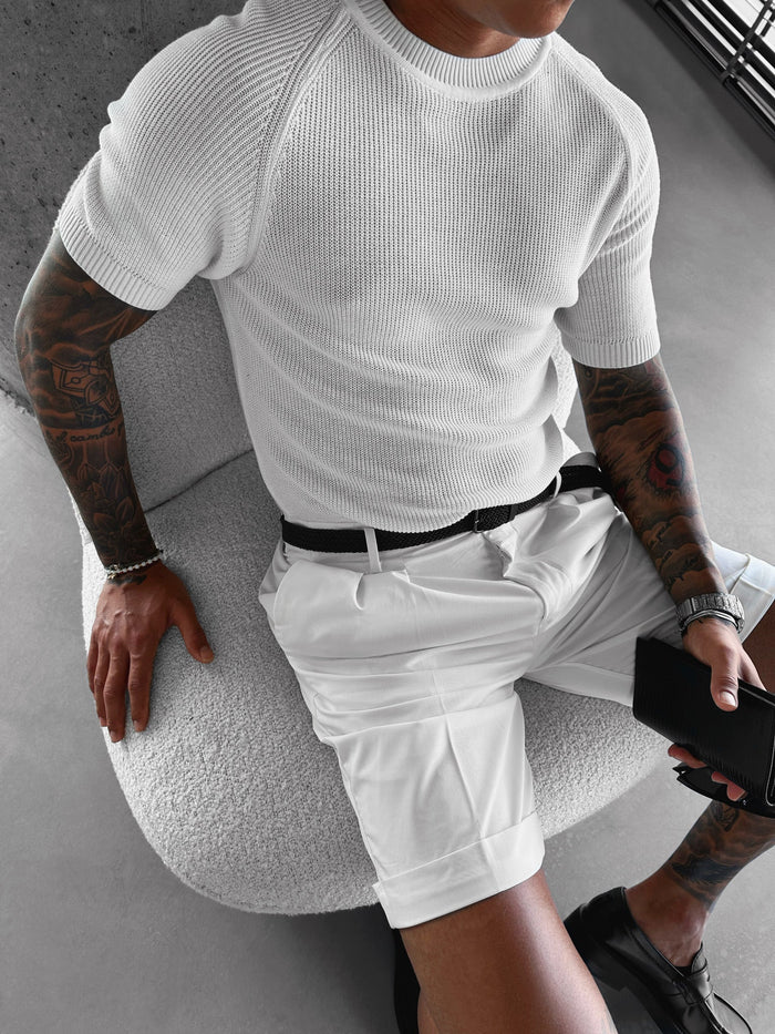 Slim Fit Stickad T-shirt - Vit