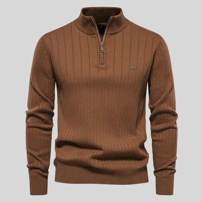 Herr Half-Zip Tröja med Ribbstickad Krage och Dekorativa Paneler
