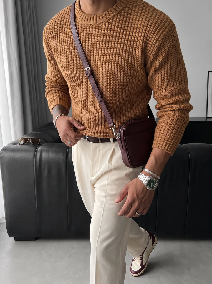 Slim Fit Braid Knit Sweater - Saffran