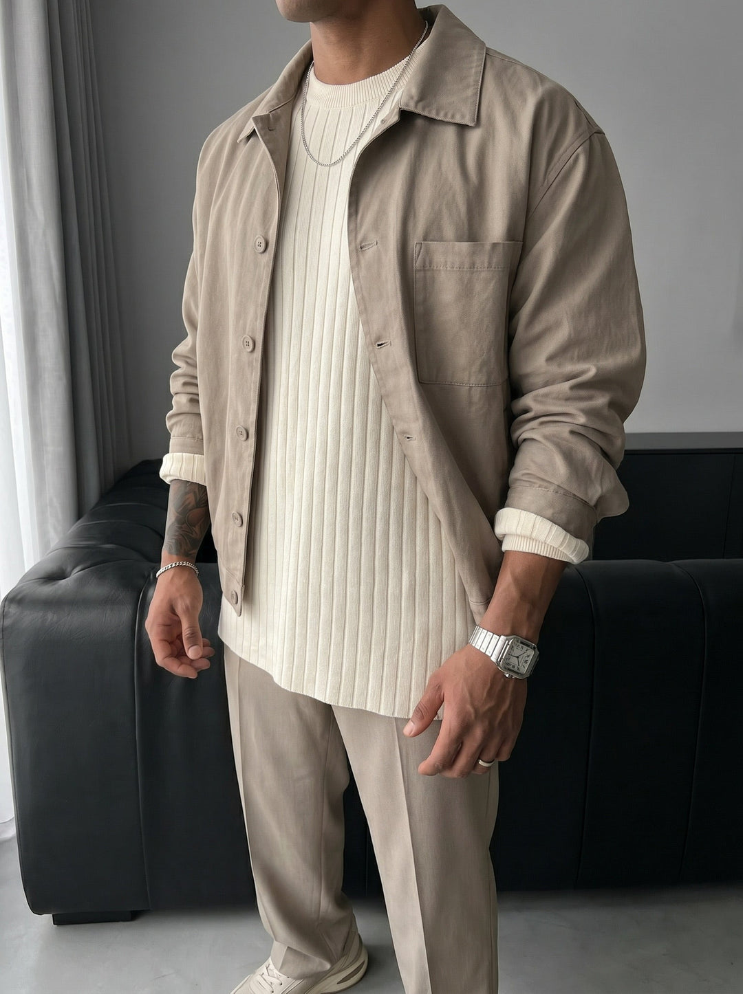 Överdimensionerad Bred Ribbad Långärmad Stickad Sweatshirt - Sten