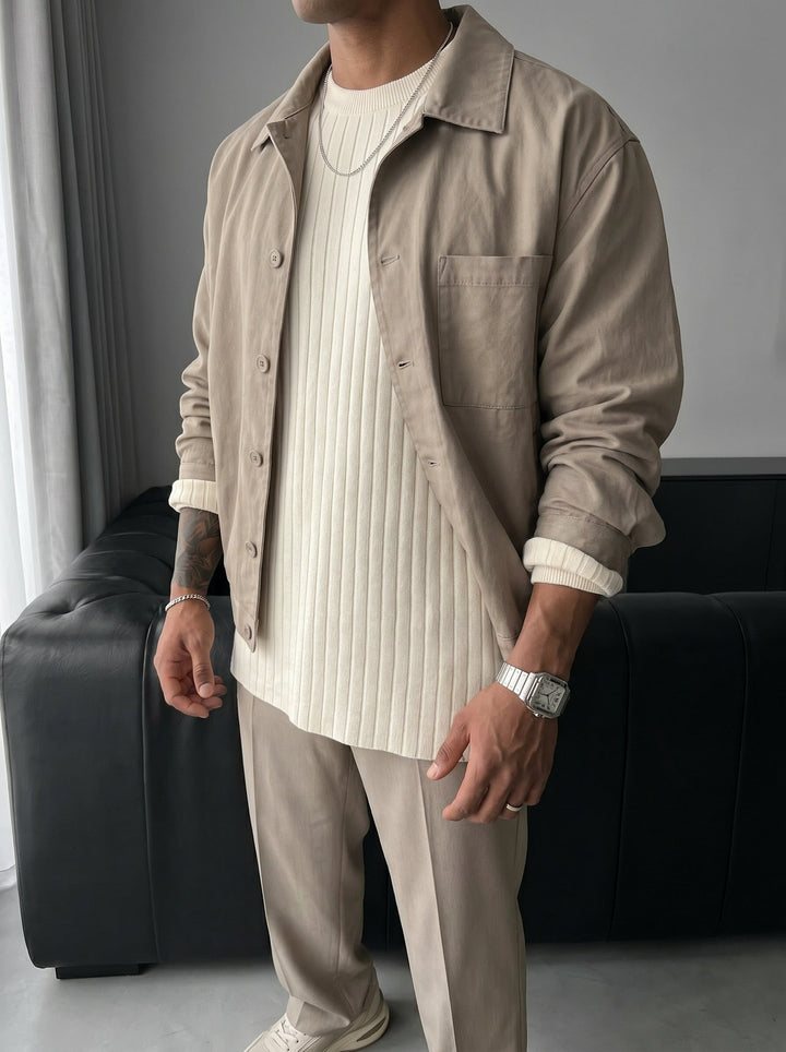 Överdimensionerad Bred Ribbad Långärmad Stickad Sweatshirt - Sten