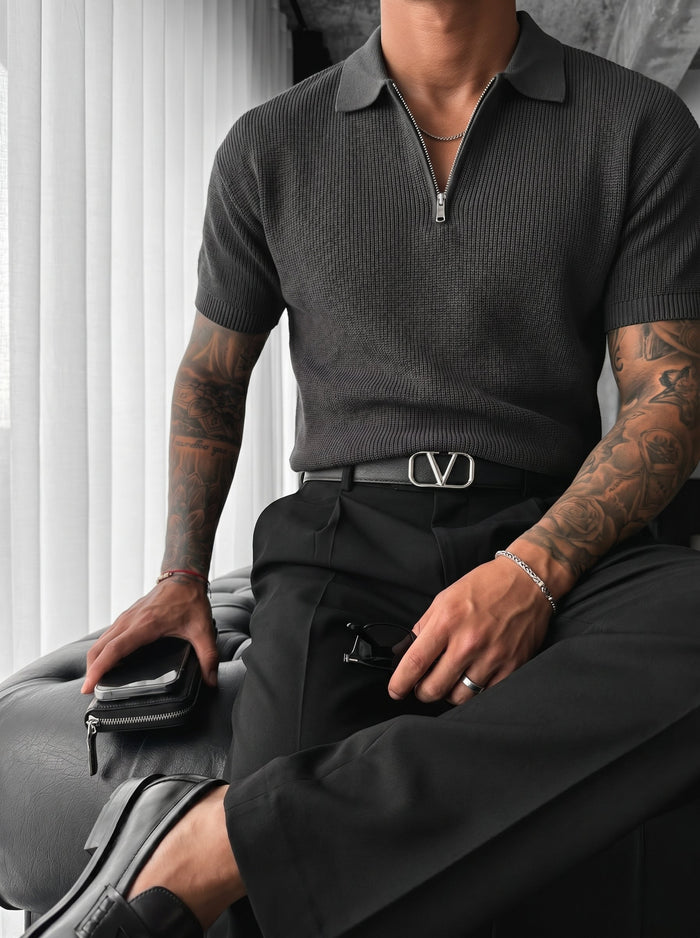 Oversize Dragkedja Stickad Polo T-shirt - Antracit