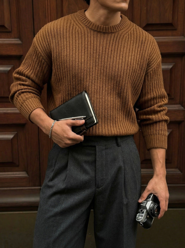 Lös Passform Randig Struktur Pullover - Cappuccino