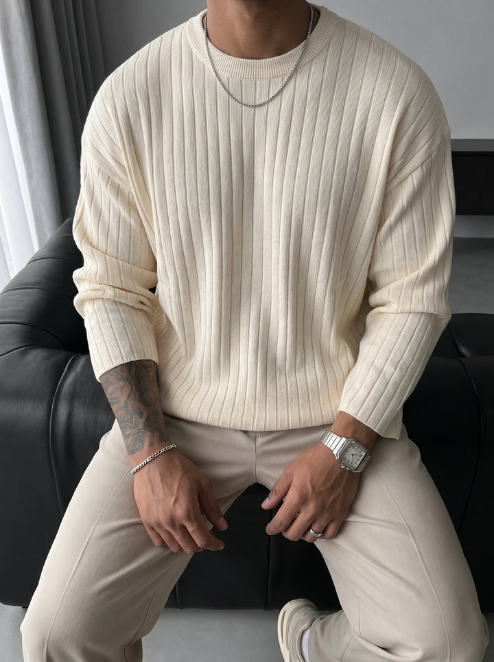 Överdimensionerad Bred Ribbad Långärmad Stickad Sweatshirt - Sten