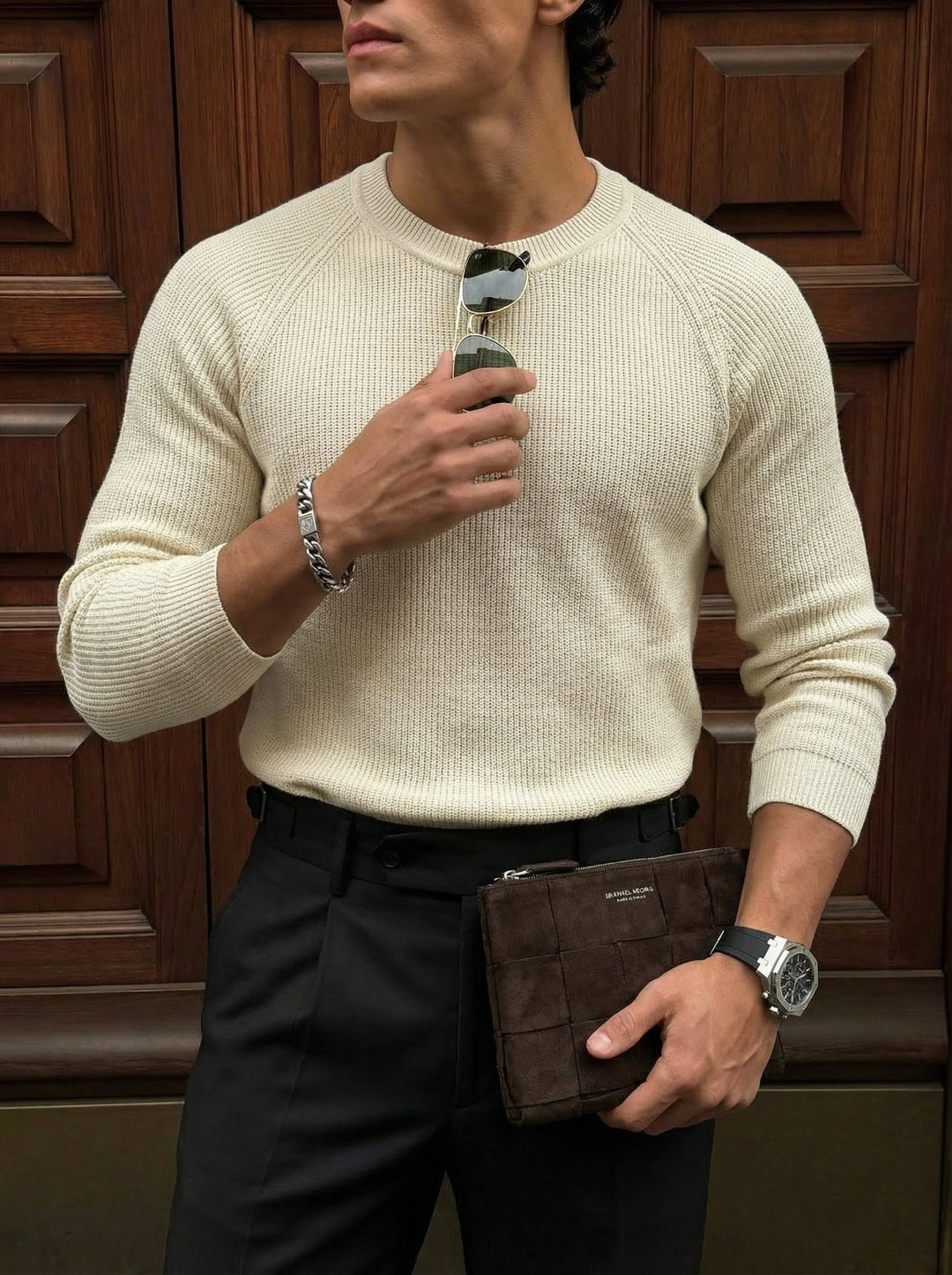 Slim Fit Tunn Stickad Tröja - Beige