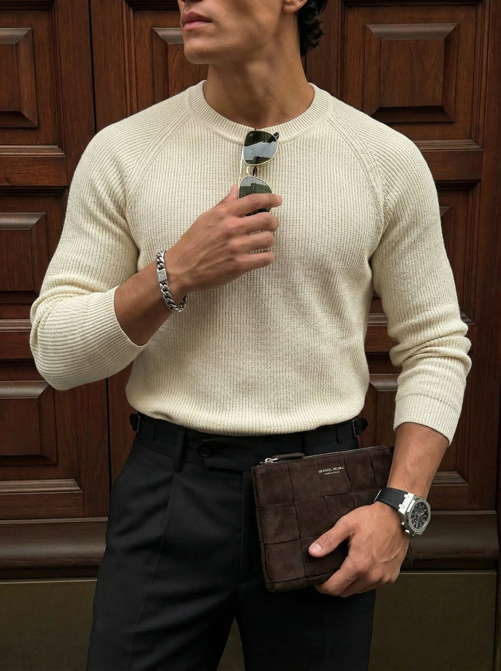 Slim Fit Tunn Stickad Tröja - Beige