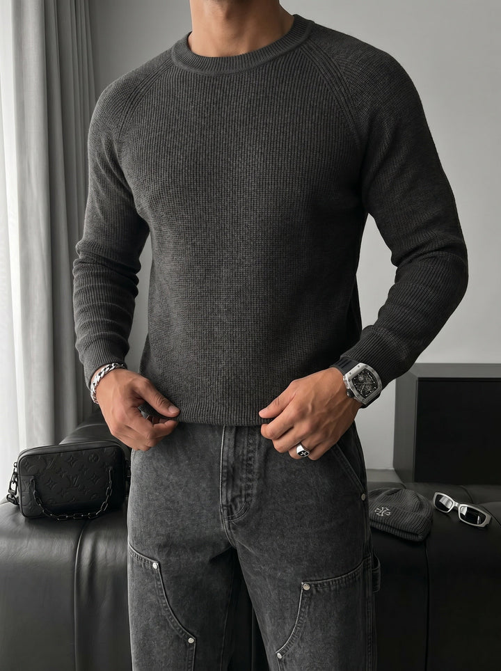 Slim Fit Tunn Stickad Tröja - Antracit