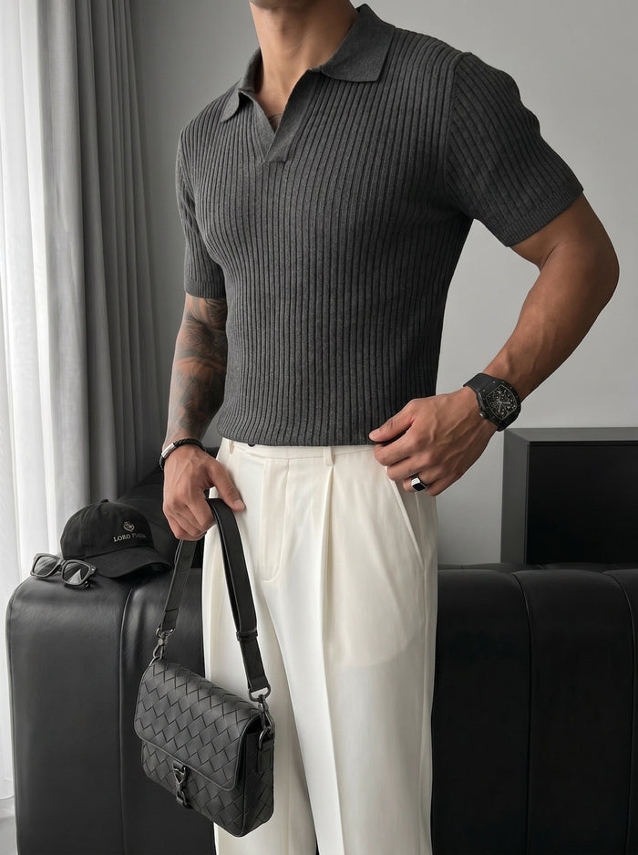Slim Fit Stickad Polo T-shirt - Antracit