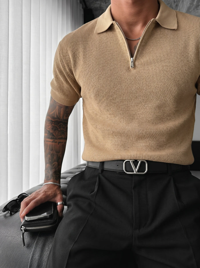 Oversize Dragkedja Stickad Polo T-shirt - Brun