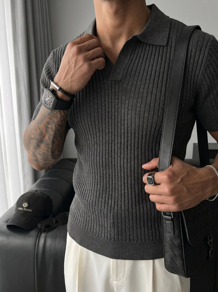 Slim Fit Stickad Polo T-shirt - Antracit