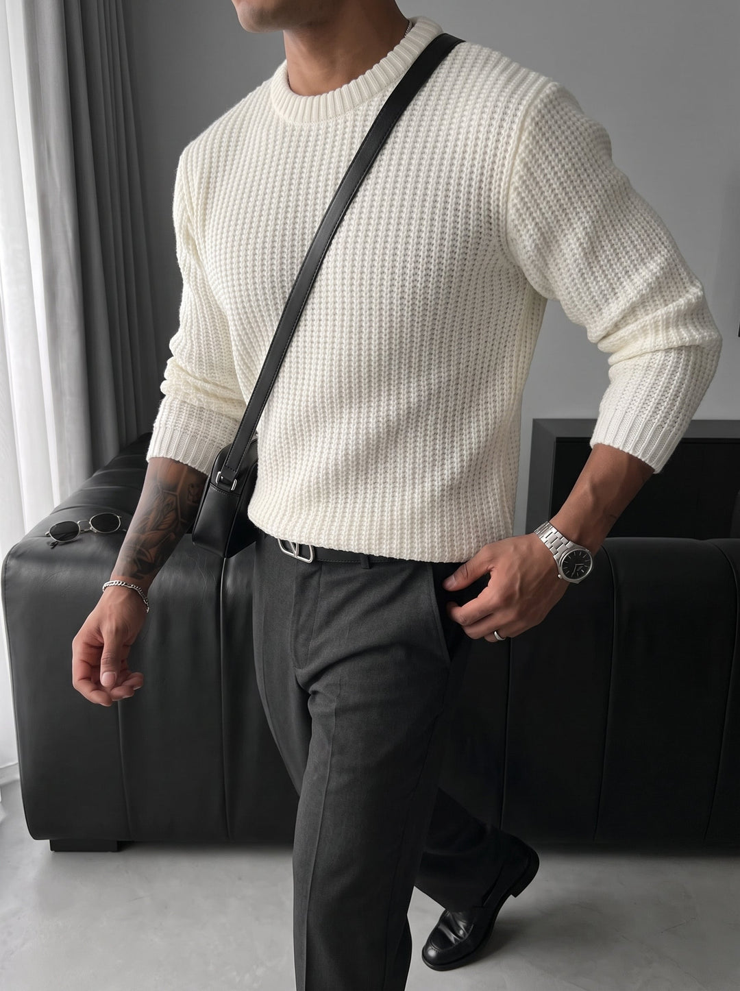 Slim Fit Flätad Stickad Tröja - Vit