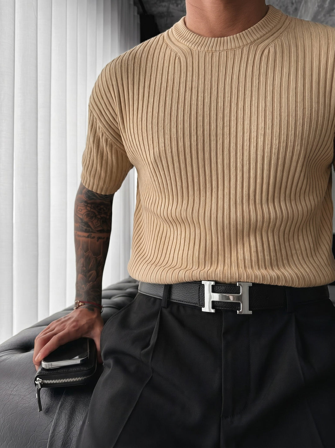 Lös Passform Ribbad Stickad T-Shirt - Brun