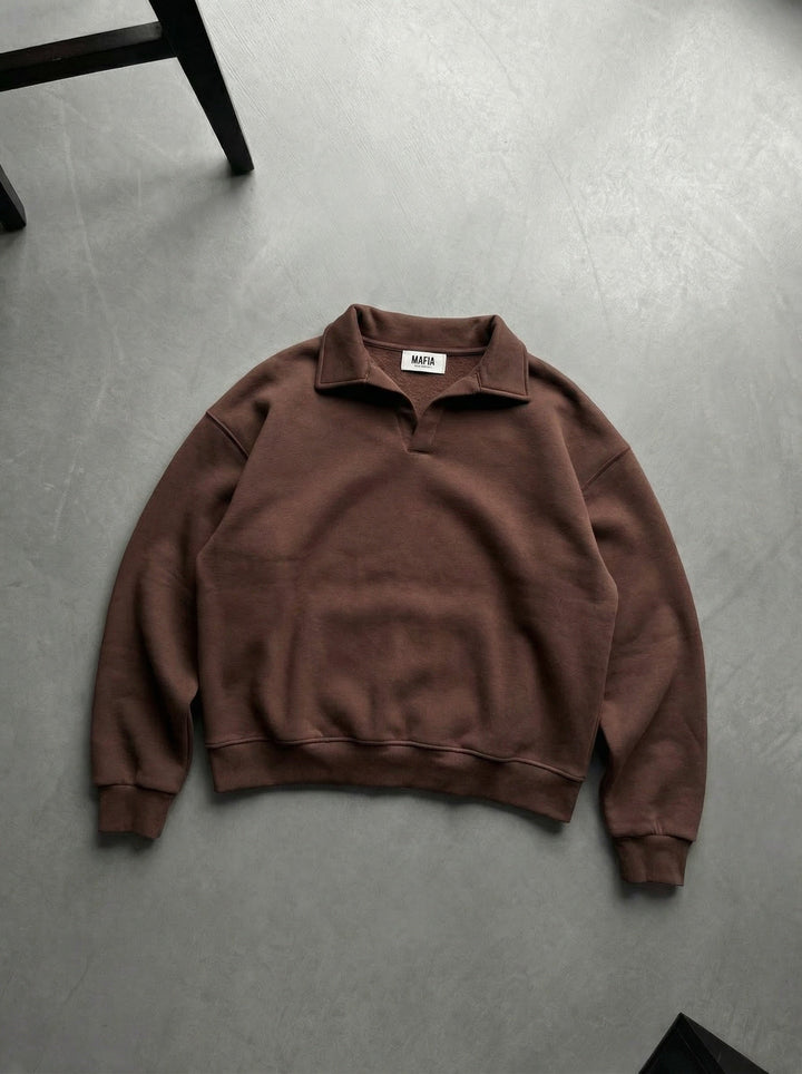 Oversize Basic Polo Sweatshirt - Chokladbrun