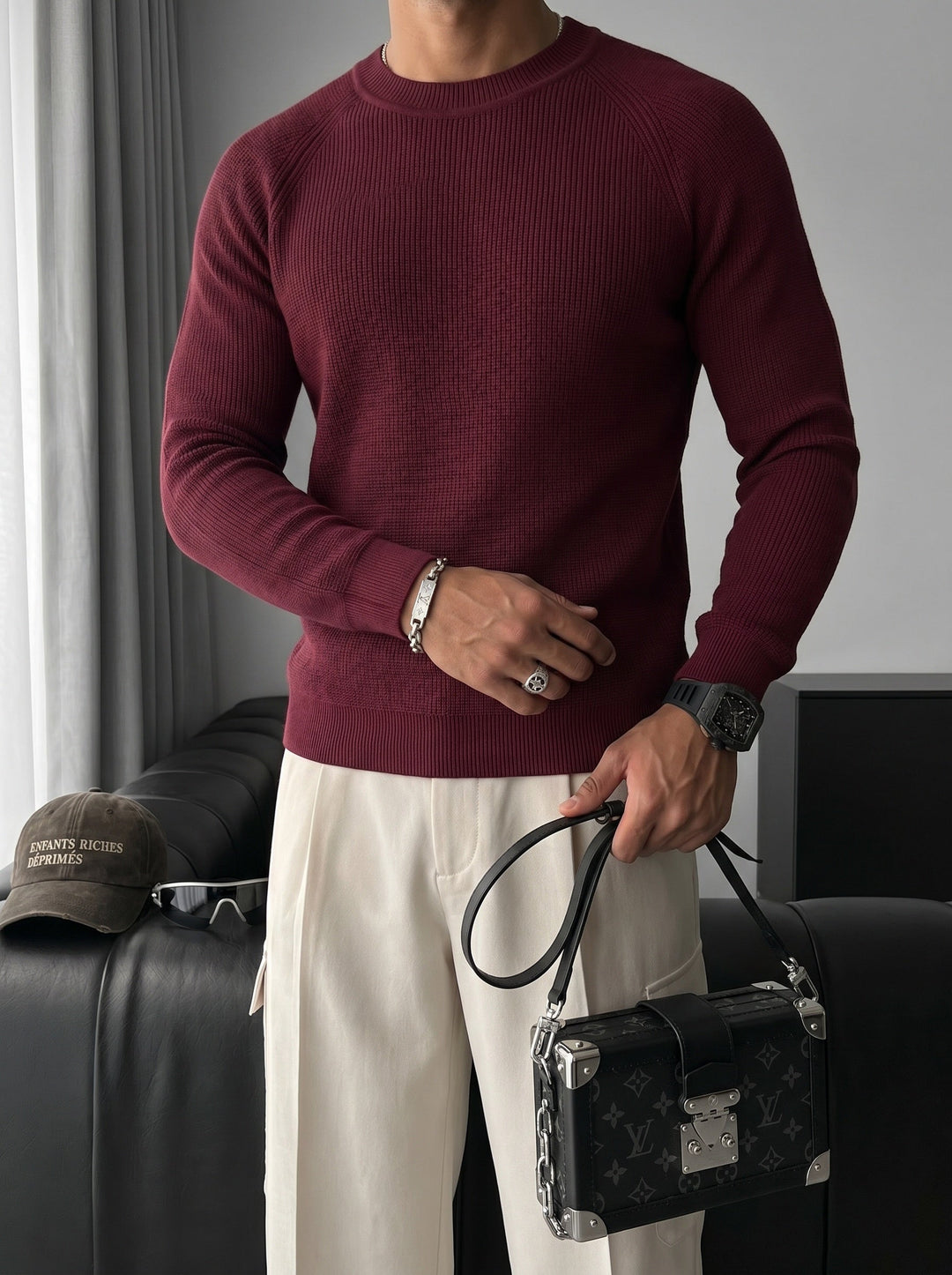 Slim Fit Tunn Stickad Tröja - Plommon