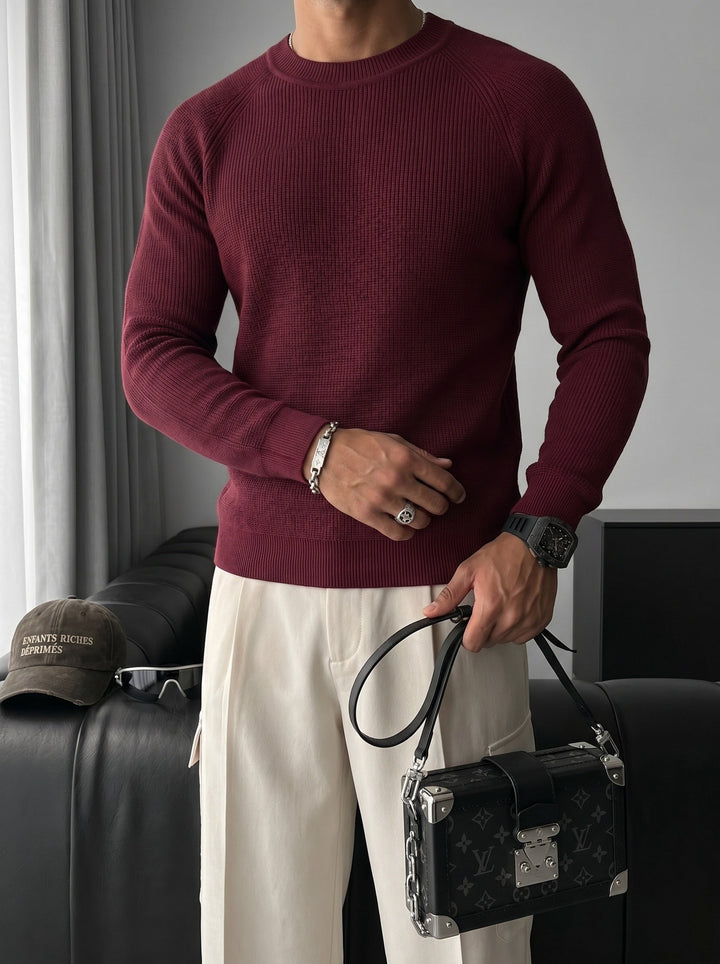 Slim Fit Tunn Stickad Tröja - Plommon