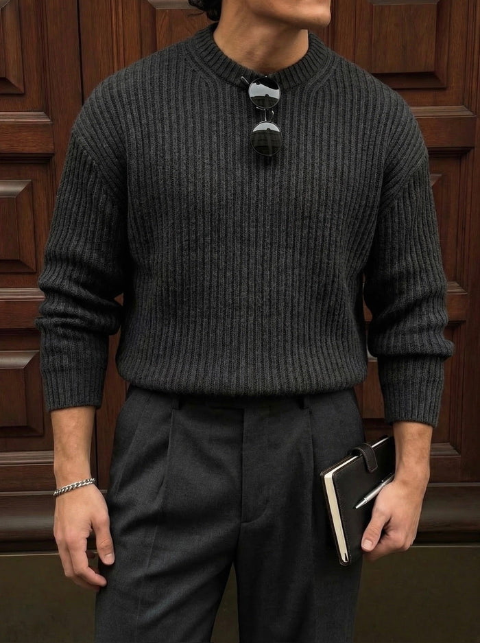 Lös Passform Randig Struktur Pullover - Mörkgrå
