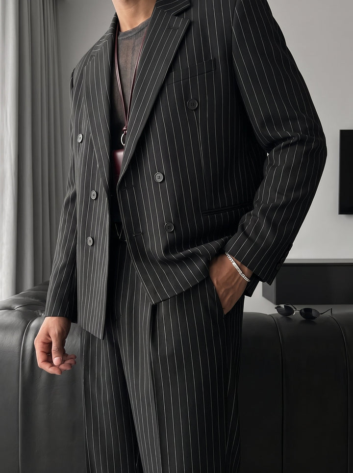 Oversize Pinstripe Dubbelknäppt Kostym - Svart
