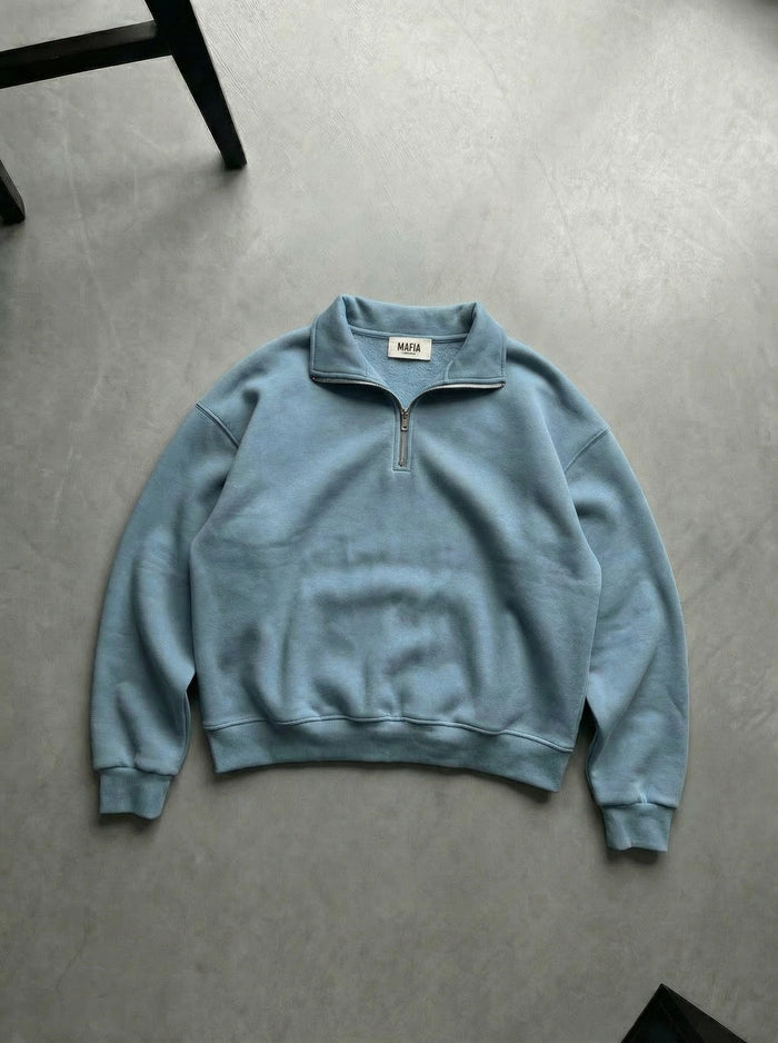 Oversize Halvdraget Polo Sweatshirt - Faded Denim