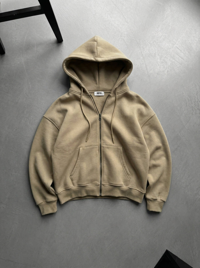 Oversize Basic Zipper Hoodie - Beige