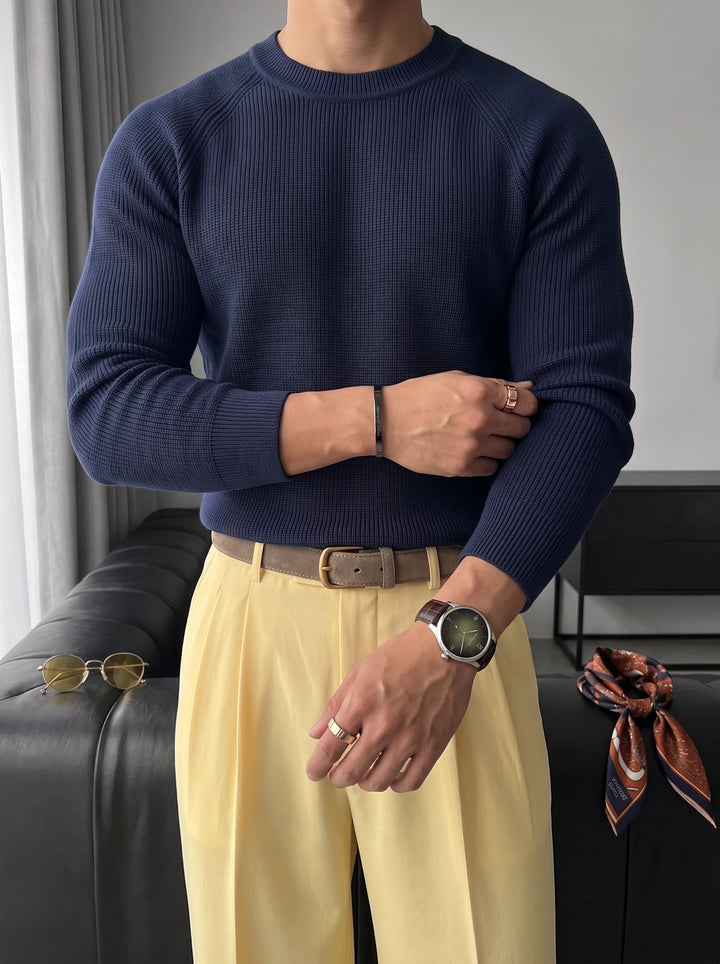 Slim Fit Tunn Stickad Tröja - Marinblå