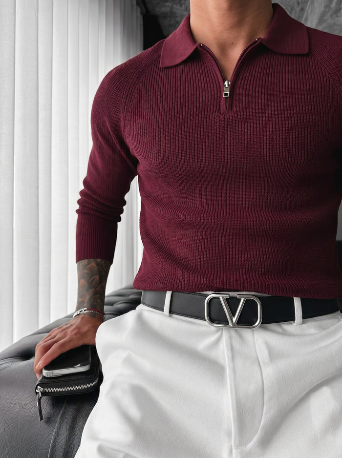 Slim Fit Stickad Zip Polo Tröja - Plommon