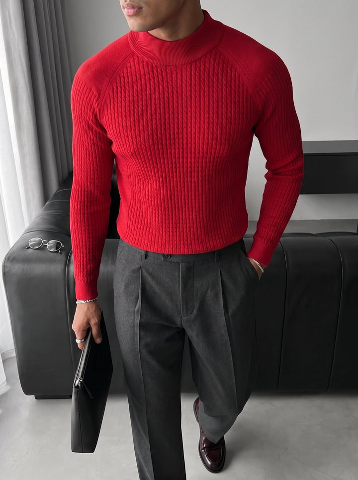 Slim Fit Mock Neck Stickad Tröja - Röd