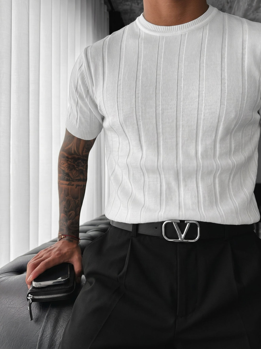 Regular Fit Knit Lines T-shirt - Vit