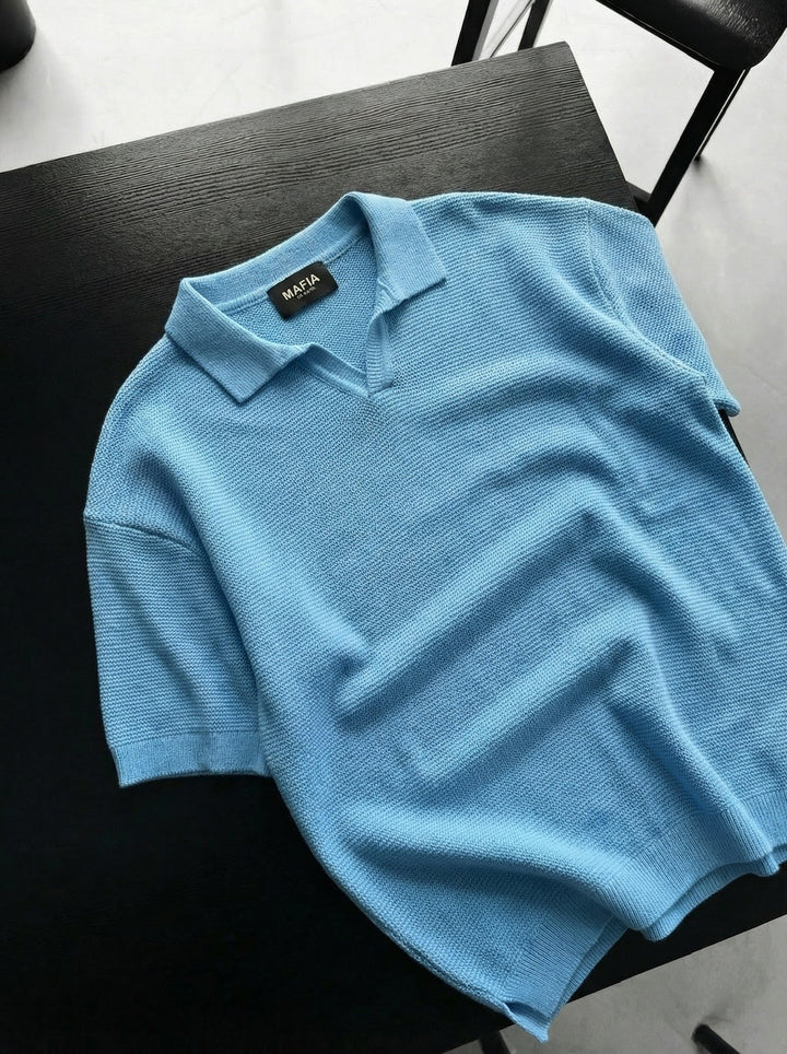 Oversize Krage Ribbad Stickad T-Shirt - Babyblå