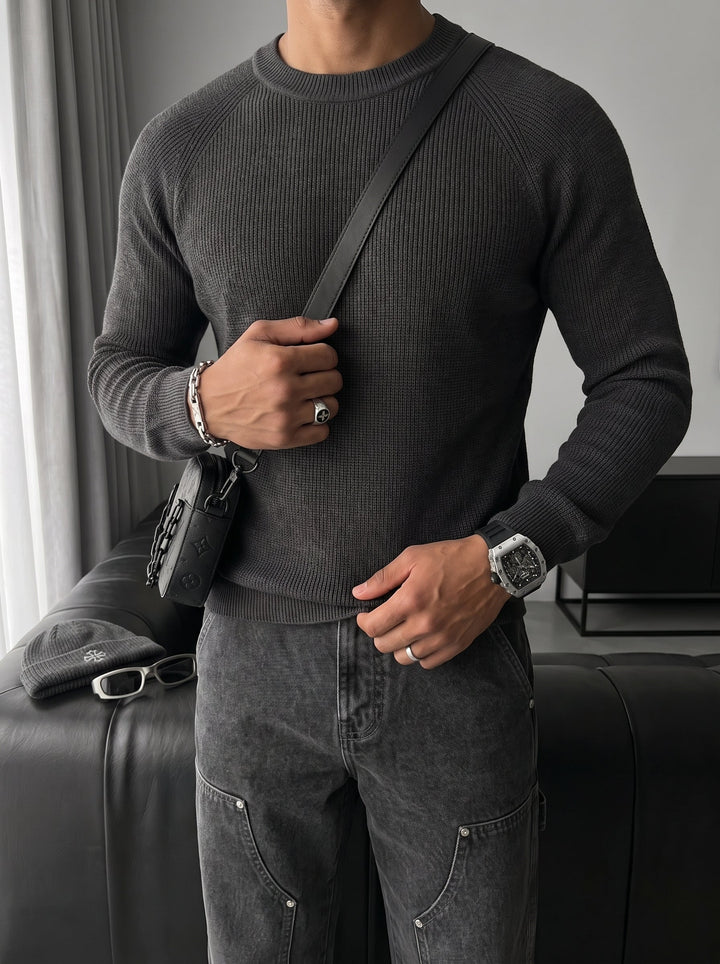Slim Fit Tunn Stickad Tröja - Antracit