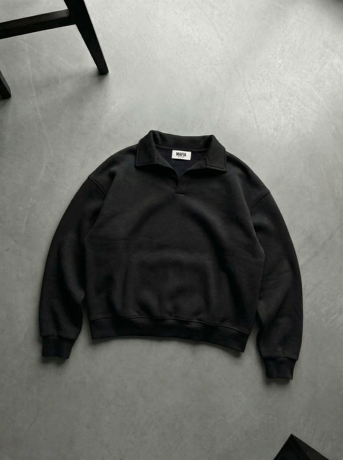 Oversize Basic Polo Sweatshirt - Svart