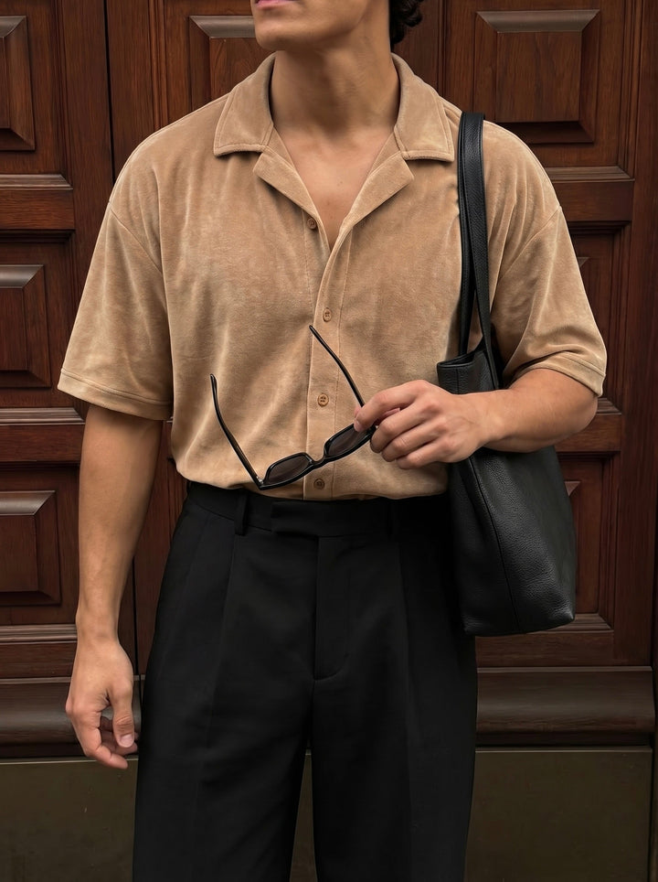 Regular Fit Samtshirt - Beige