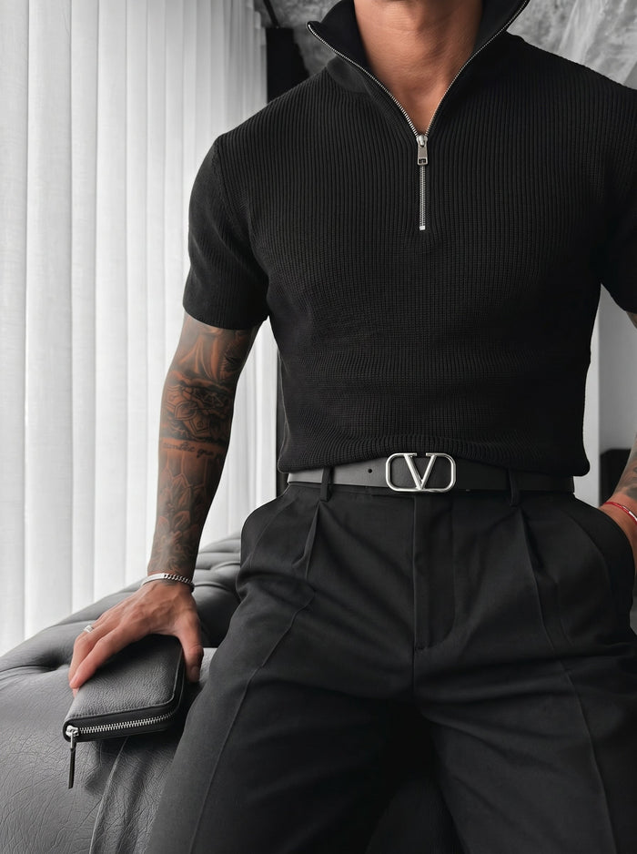 Oversize Zip Neck Knit T-shirt - Svart