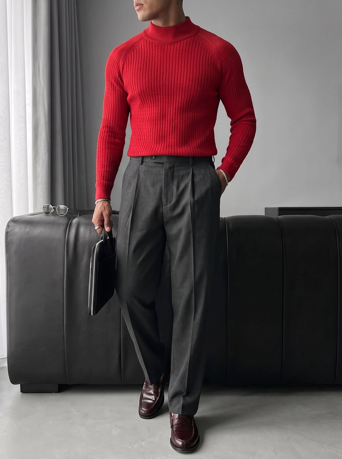 Slim Fit Mock Neck Stickad Tröja - Röd