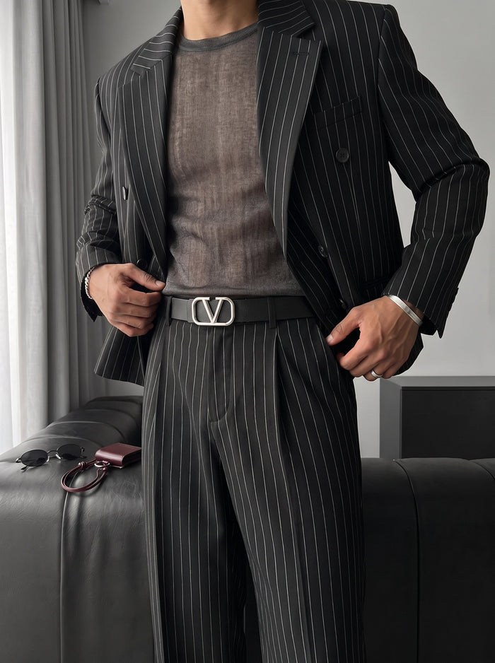 Oversize Pinstripe Dubbelknäppt Kostym - Svart
