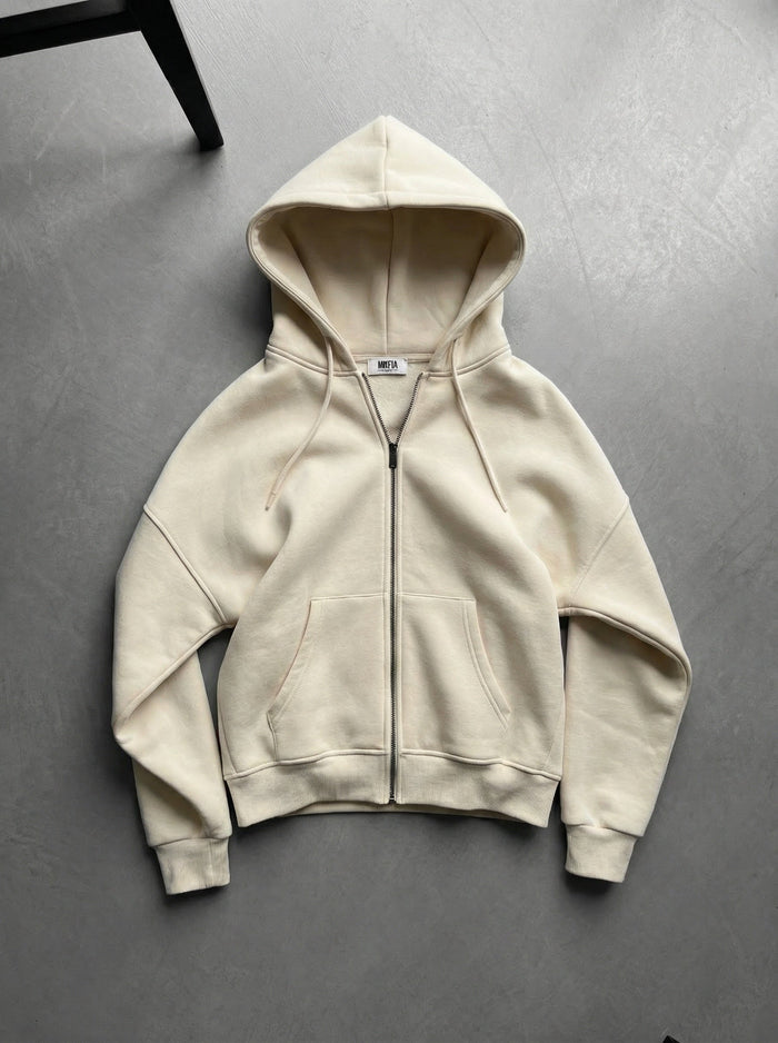 Oversized Basic Zip Hoodie - Antik Vit