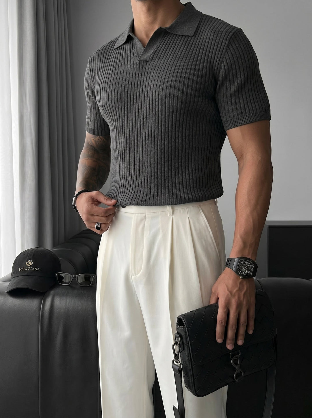Slim Fit Stickad Polo T-shirt - Antracit