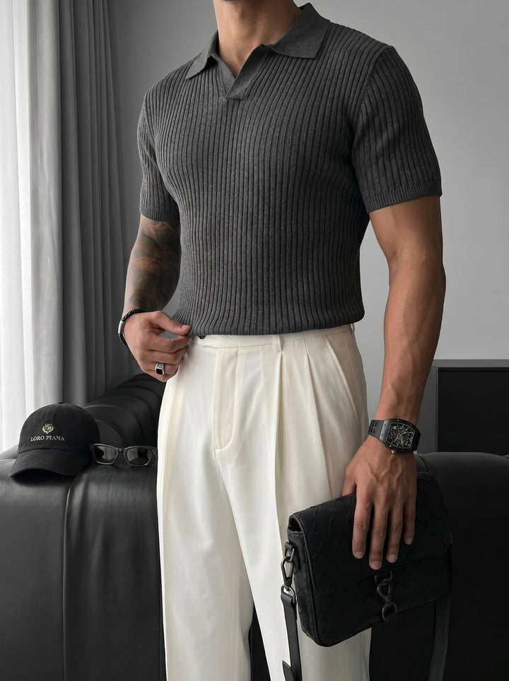 Slim Fit Stickad Polo T-shirt - Antracit