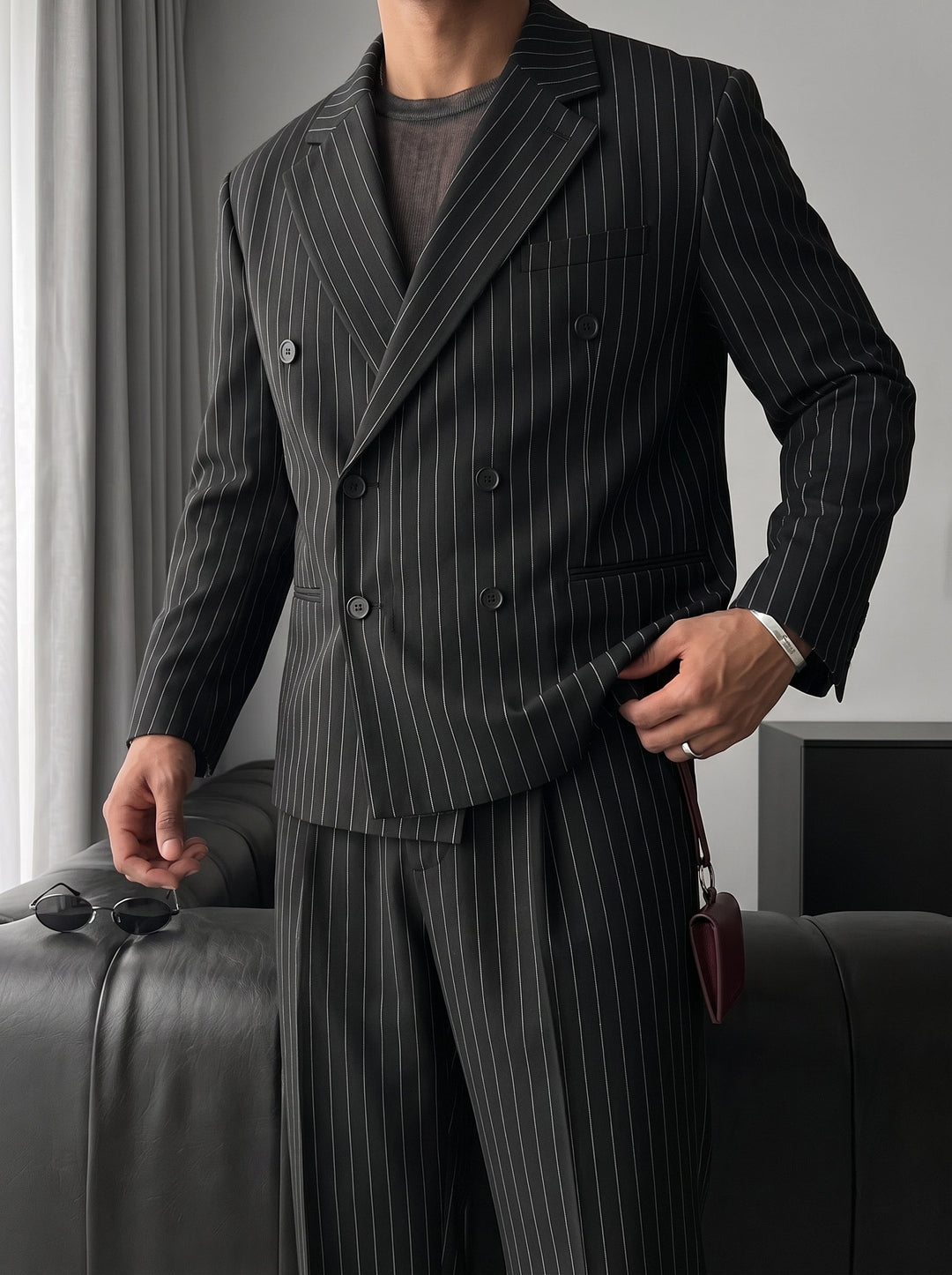 Oversize Pinstripe Dubbelknäppt Kostym - Svart