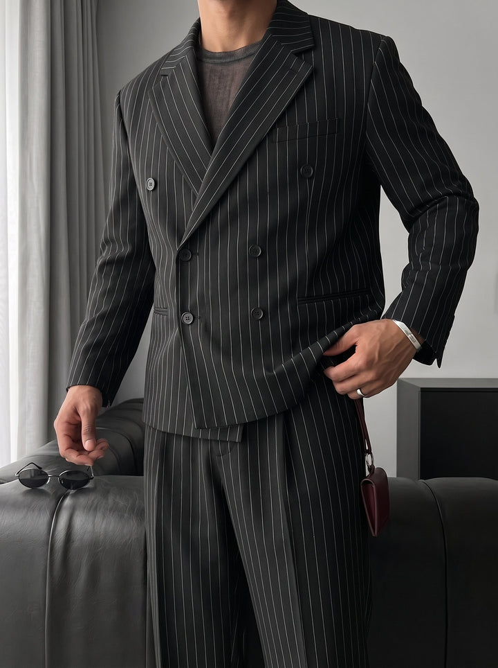 Oversize Pinstripe Dubbelknäppt Kostym - Svart