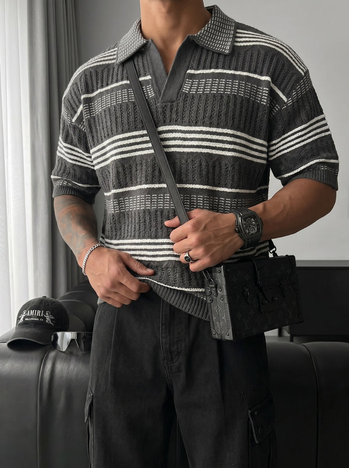 Lös Passform Mönstrad Krage Stickad T-Shirt - Antracit