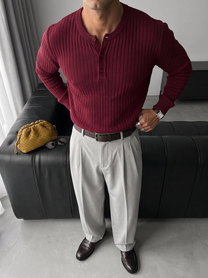 Slim Fit Knappstickad Tröja - Bordeaux
