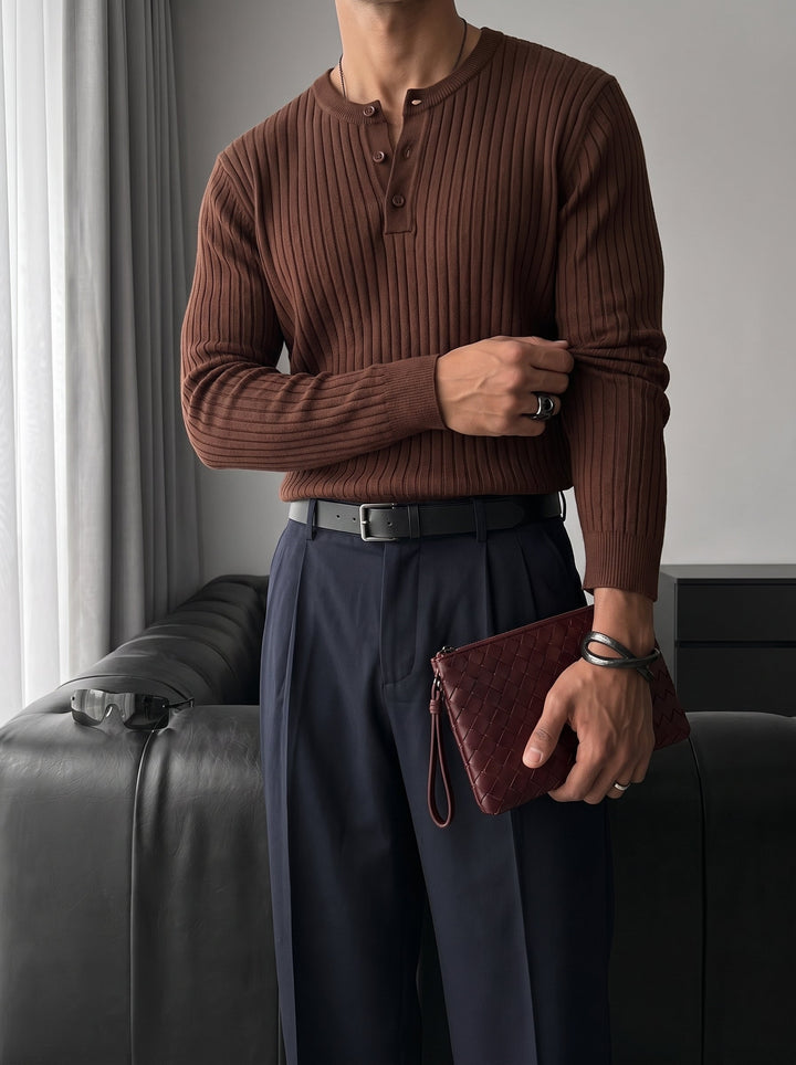 Slim Fit Knappstickad Tröja - Brun