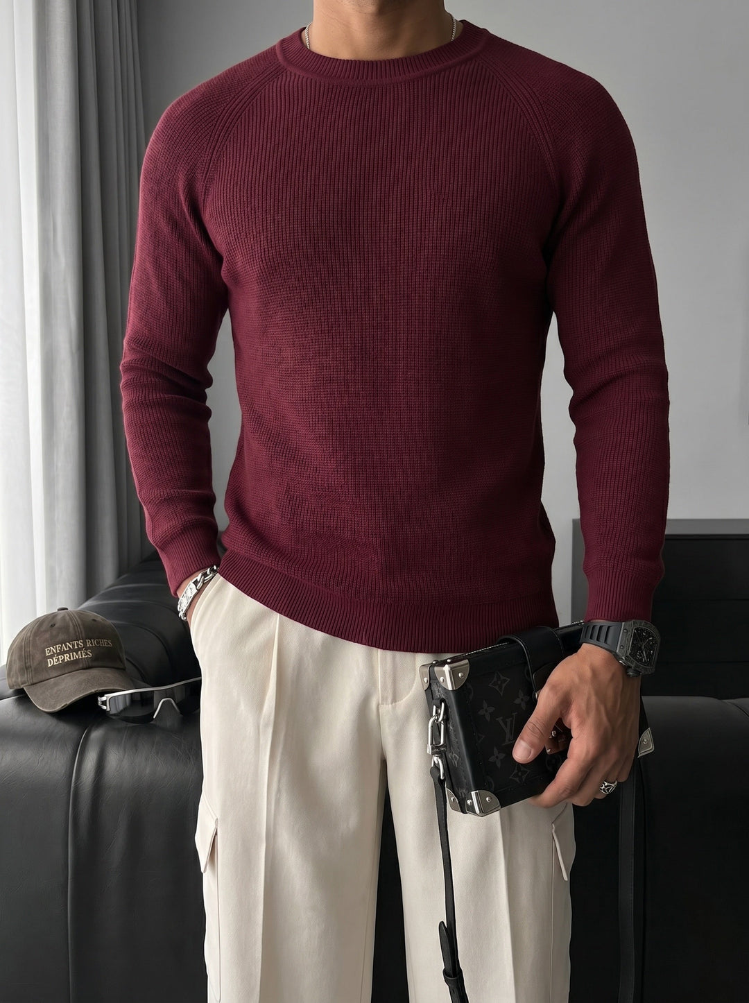 Slim Fit Tunn Stickad Tröja - Plommon
