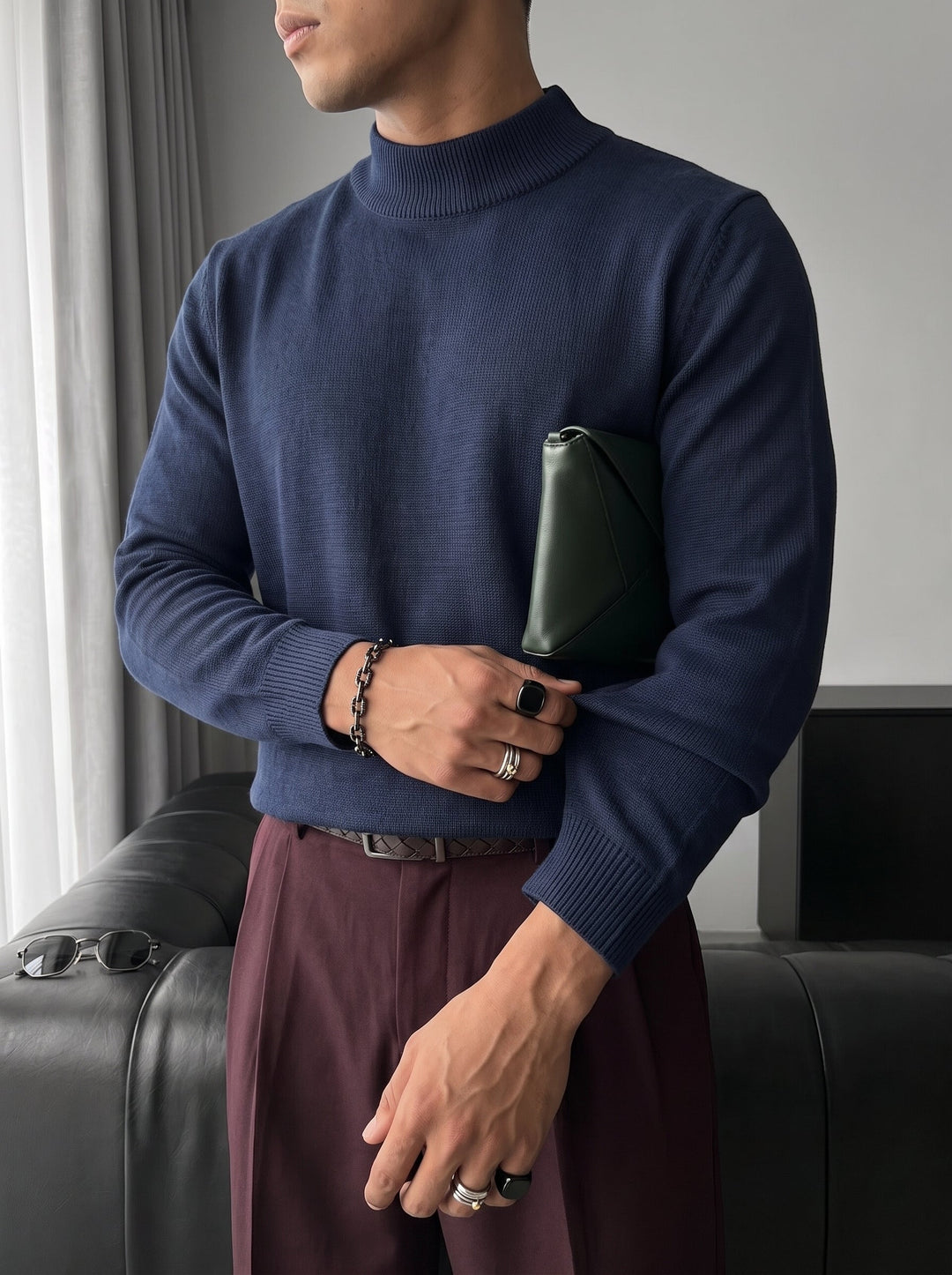 Loose Fit Halvhals Pullover - Marinblå