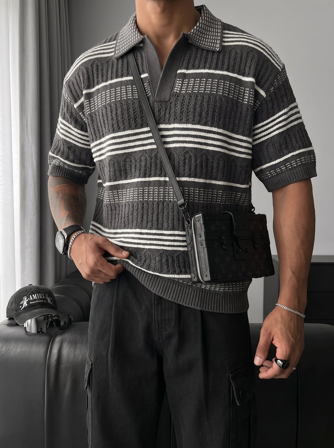 Lös Passform Mönstrad Krage Stickad T-Shirt - Antracit