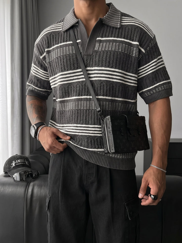Lös Passform Mönstrad Krage Stickad T-Shirt - Antracit